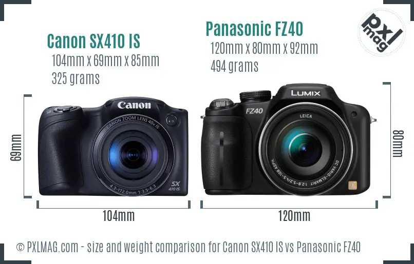 Canon SX410 IS vs Panasonic FZ40 size comparison