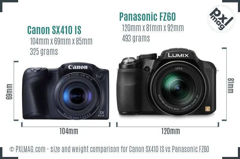 Canon SX410 IS vs Panasonic FZ60 size comparison