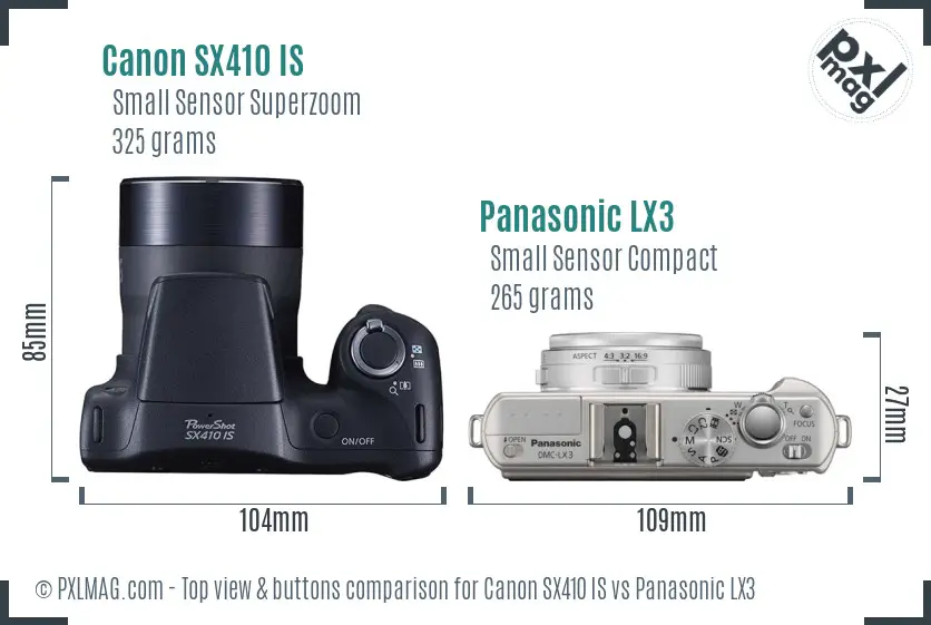Canon SX410 IS vs Panasonic LX3 top view buttons comparison