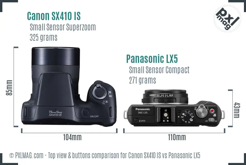 Canon SX410 IS vs Panasonic LX5 top view buttons comparison