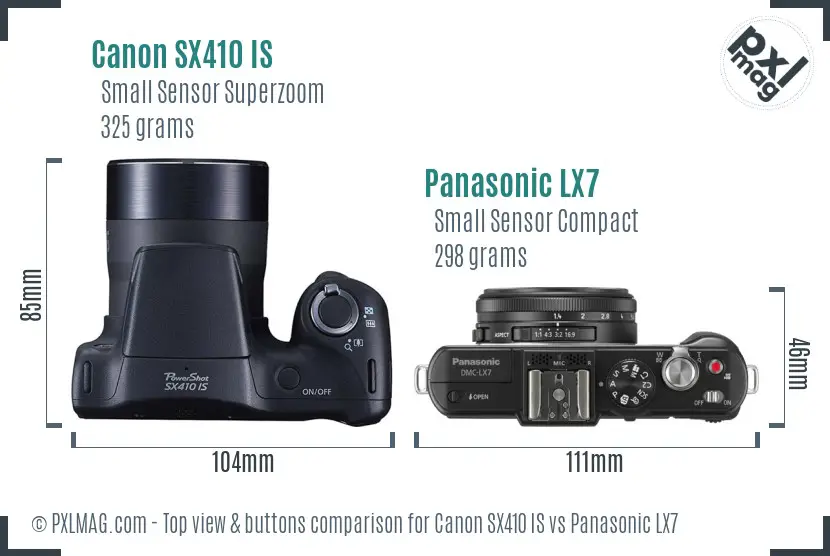 Canon SX410 IS vs Panasonic LX7 top view buttons comparison