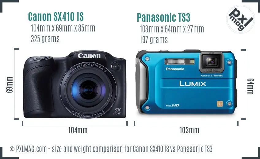 Canon SX410 IS vs Panasonic TS3 size comparison