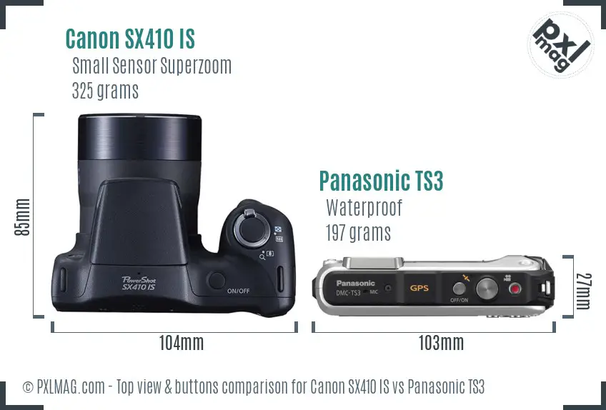 Canon SX410 IS vs Panasonic TS3 top view buttons comparison