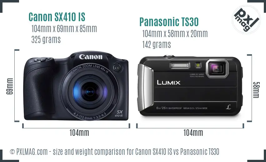 Canon SX410 IS vs Panasonic TS30 size comparison