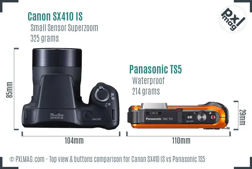 Canon SX410 IS vs Panasonic TS5 top view buttons comparison