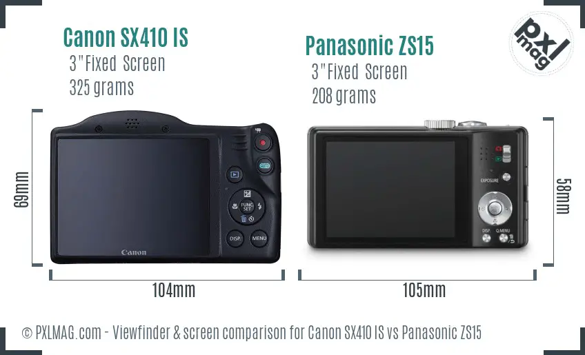 Canon SX410 IS vs Panasonic ZS15 Screen and Viewfinder comparison