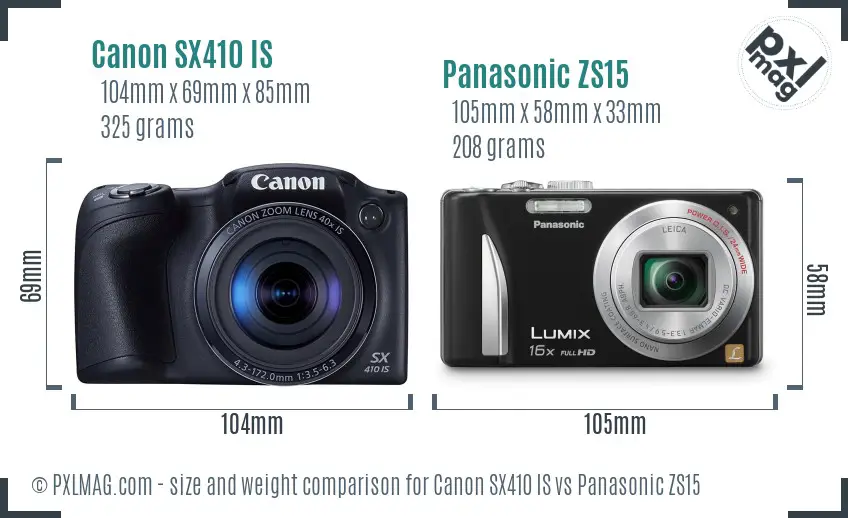 Canon SX410 IS vs Panasonic ZS15 size comparison