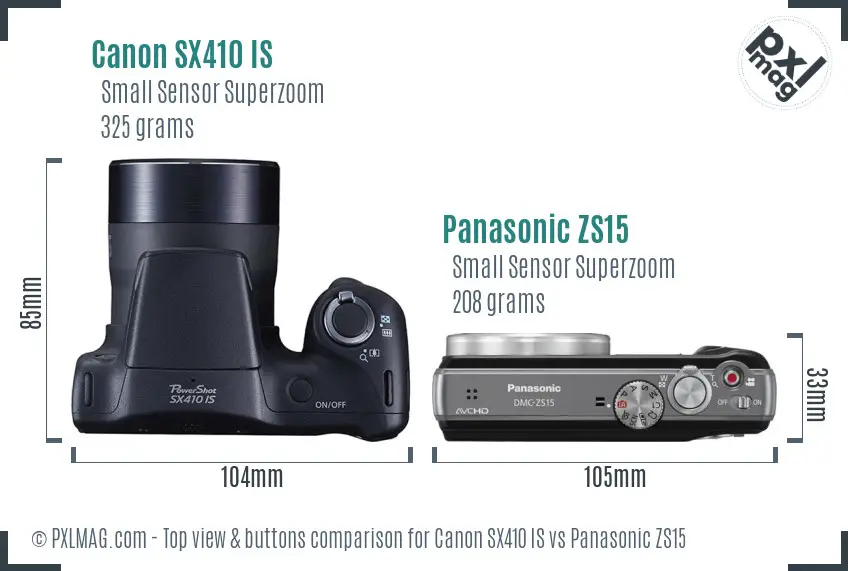 Canon SX410 IS vs Panasonic ZS15 top view buttons comparison