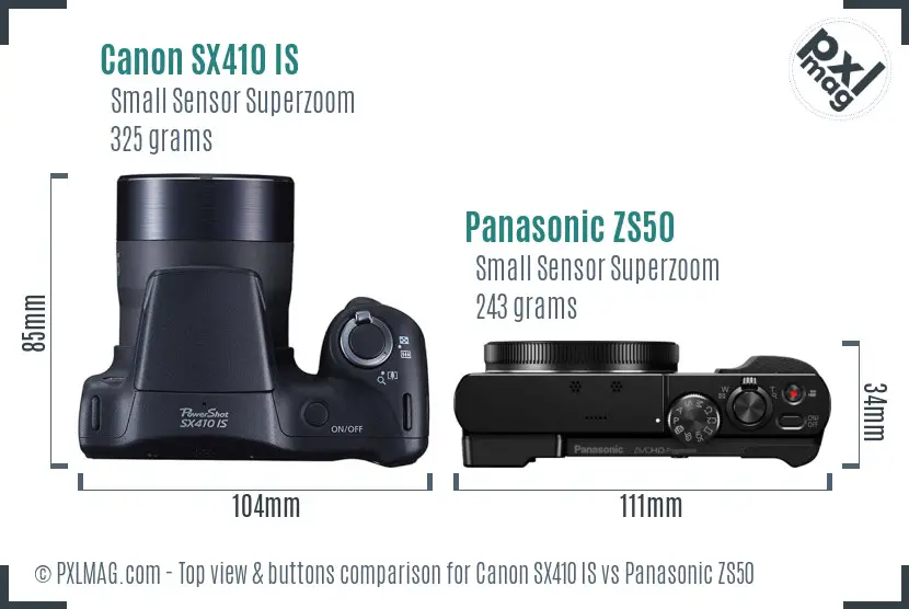 Canon SX410 IS vs Panasonic ZS50 top view buttons comparison Canon SX410 IS vs Panasonic ZS50 top view buttons comparison