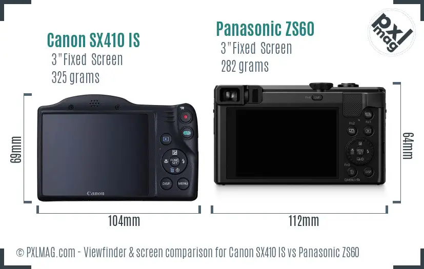 Canon SX410 IS vs Panasonic ZS60 Screen and Viewfinder comparison