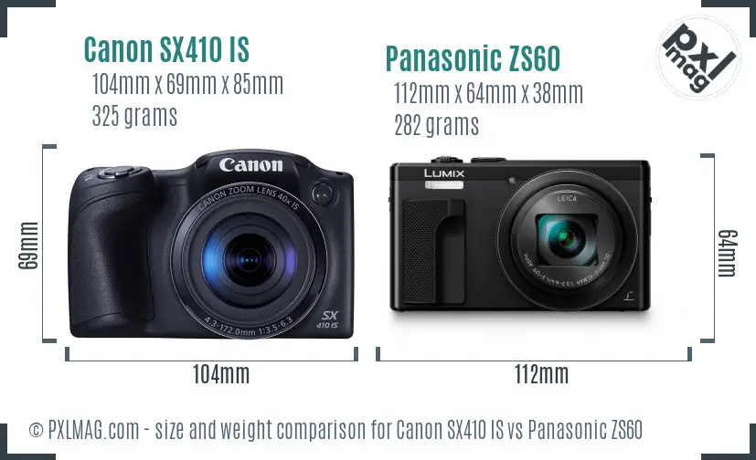 Canon SX410 IS vs Panasonic ZS60 size comparison