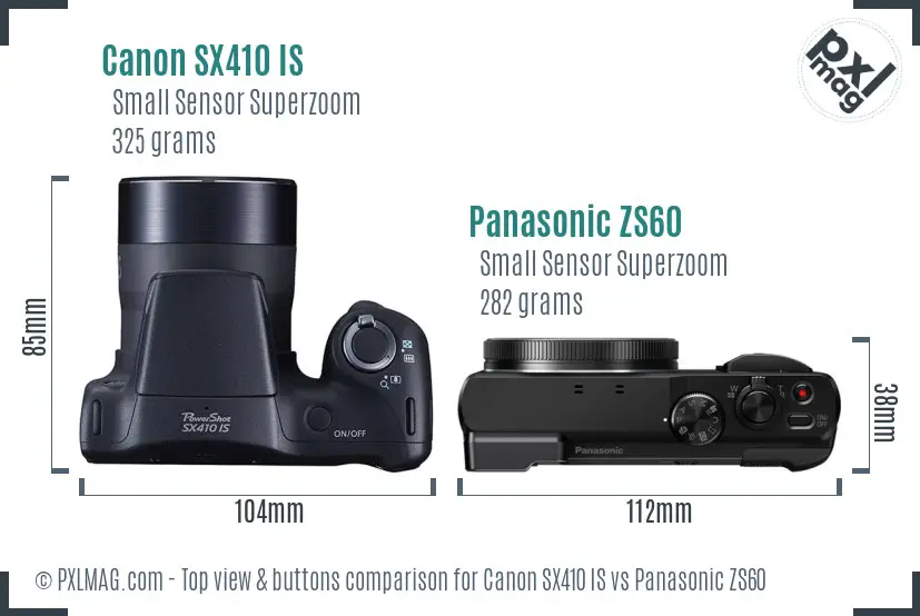 Canon SX410 IS vs Panasonic ZS60 top view buttons comparison