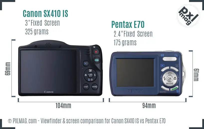 Canon SX410 IS vs Pentax E70 Screen and Viewfinder comparison