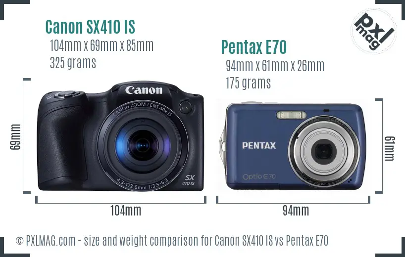 Canon SX410 IS vs Pentax E70 size comparison
