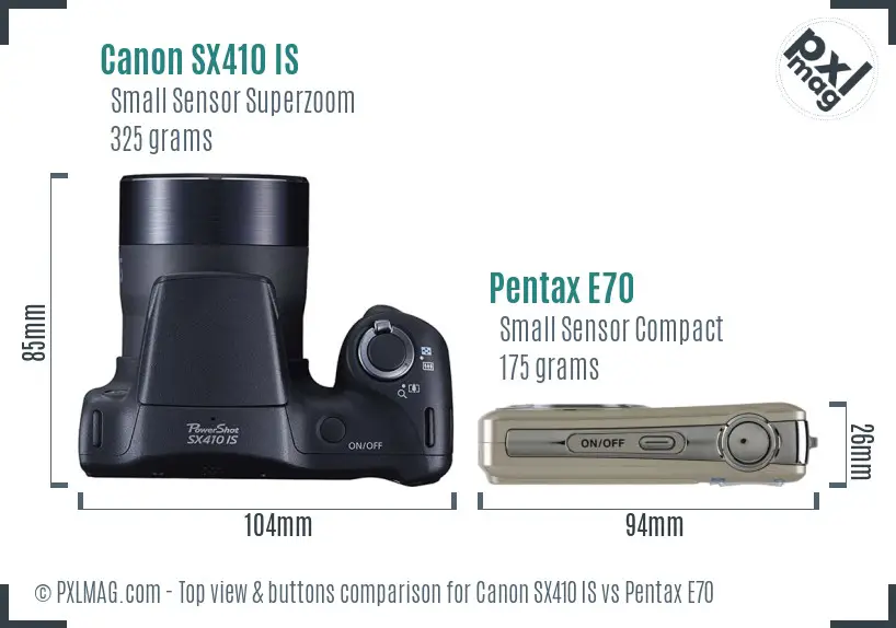Canon SX410 IS vs Pentax E70 top view buttons comparison