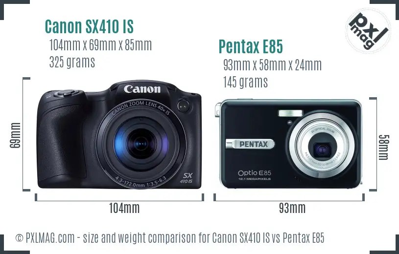 Canon SX410 IS vs Pentax E85 size comparison