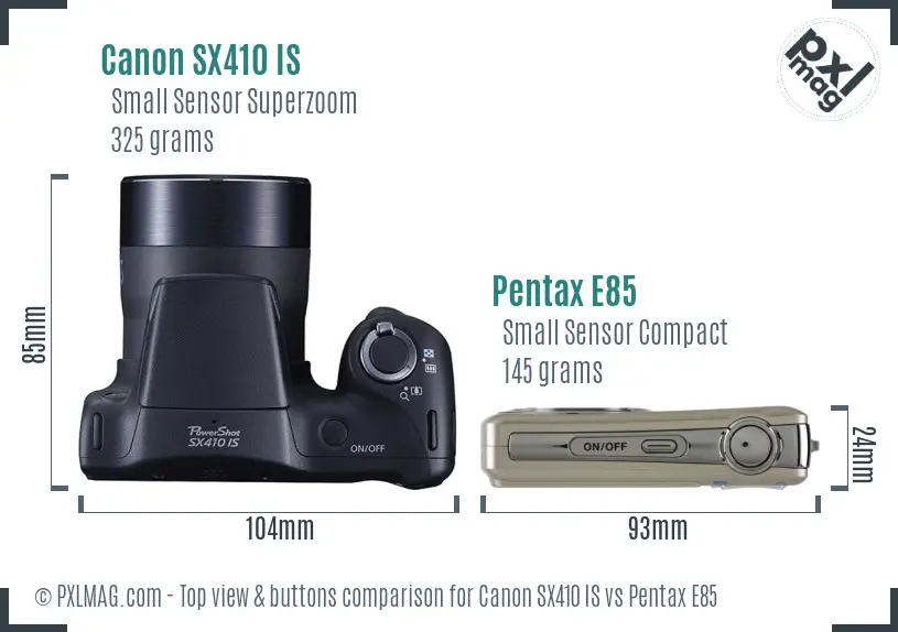 Canon SX410 IS vs Pentax E85 top view buttons comparison