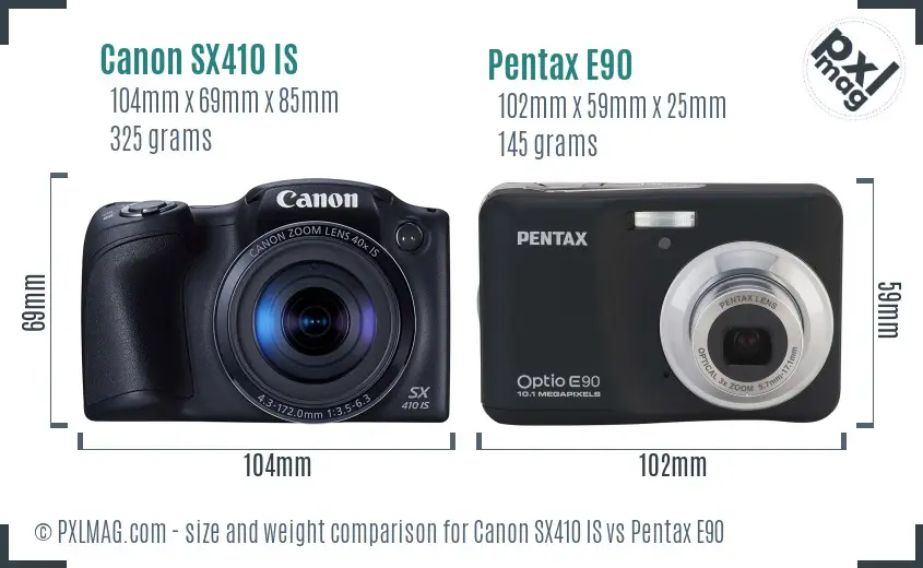 Canon SX410 IS vs Pentax E90 size comparison