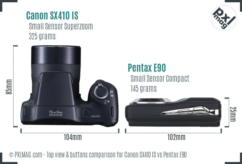 Canon SX410 IS vs Pentax E90 top view buttons comparison