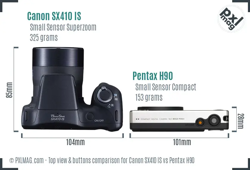 Canon SX410 IS vs Pentax H90 top view buttons comparison Canon SX410 IS vs Pentax H90 top view buttons comparison