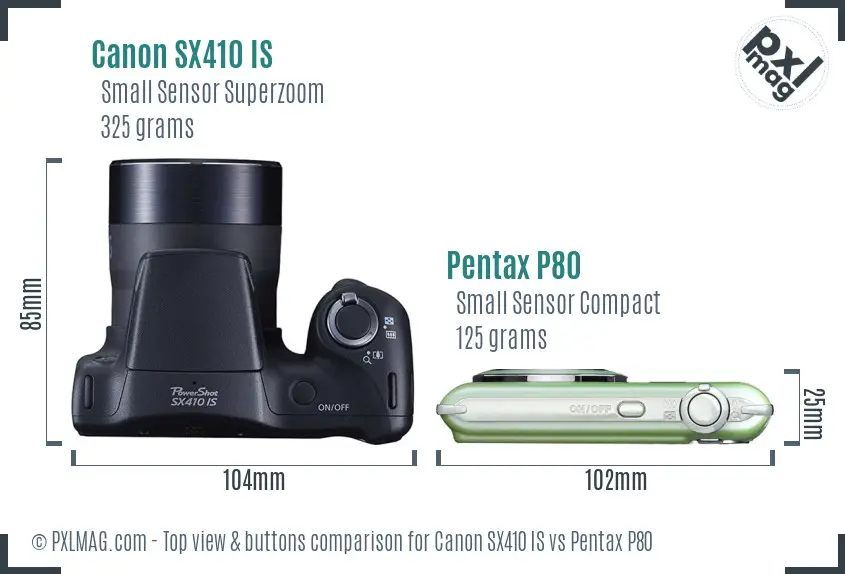 Canon SX410 IS vs Pentax P80 top view buttons comparison