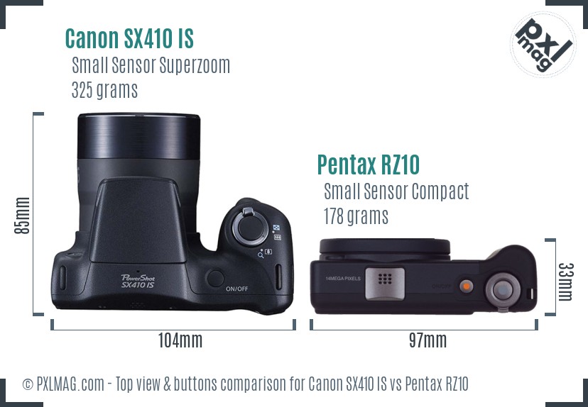Canon SX410 IS vs Pentax RZ10 top view buttons comparison