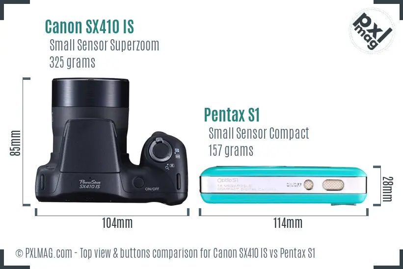 Canon SX410 IS vs Pentax S1 top view buttons comparison
