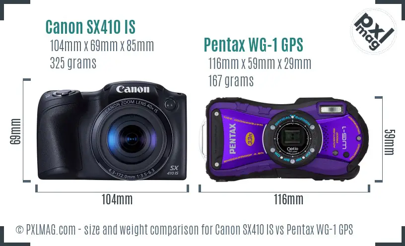 Canon SX410 IS vs Pentax WG-1 GPS size comparison Canon SX410 IS vs Pentax WG-1 GPS size comparison