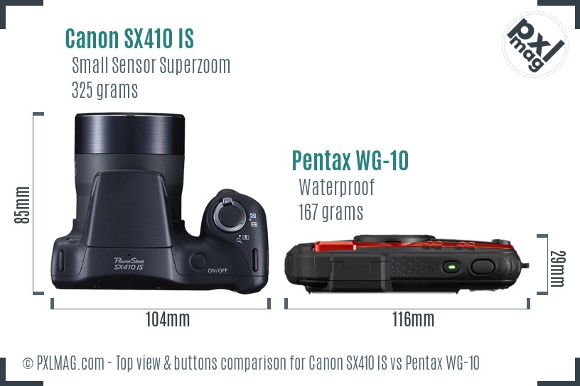 Canon SX410 IS vs Pentax WG-10 top view buttons comparison