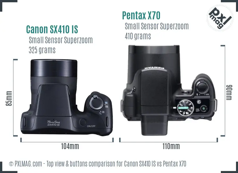 Canon SX410 IS vs Pentax X70 top view buttons comparison