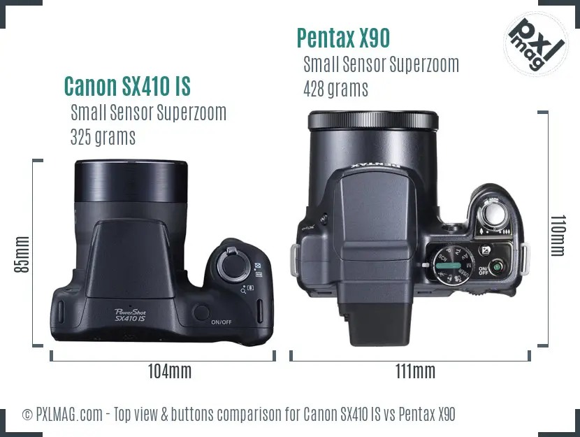 Canon SX410 IS vs Pentax X90 top view buttons comparison