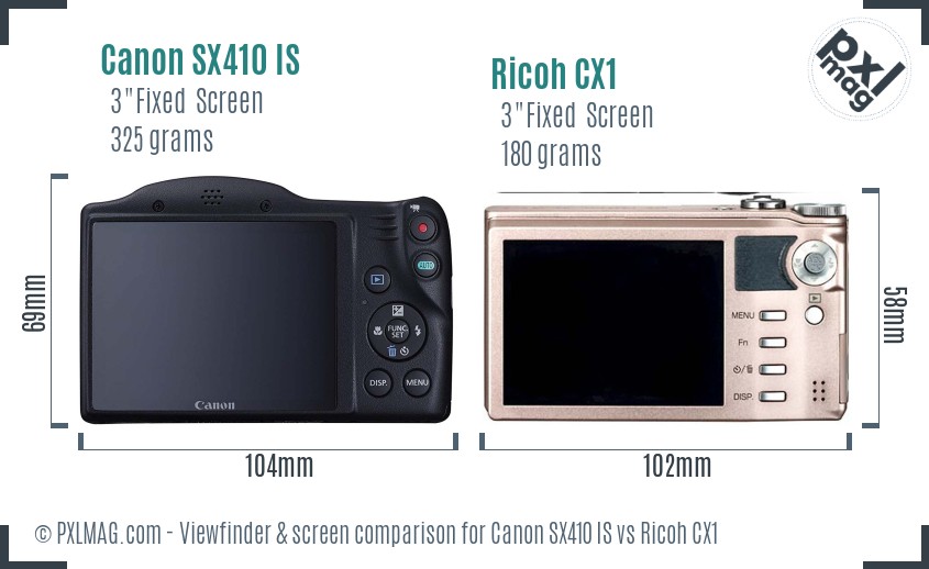 Canon SX410 IS vs Ricoh CX1 Screen and Viewfinder comparison