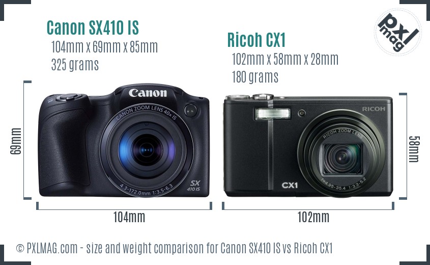 Canon SX410 IS vs Ricoh CX1 size comparison