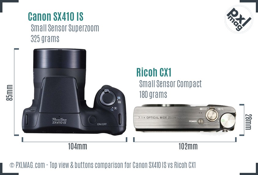 Canon SX410 IS vs Ricoh CX1 top view buttons comparison