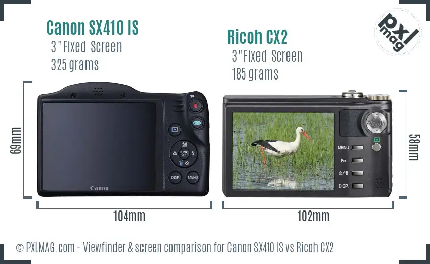 Canon SX410 IS vs Ricoh CX2 Screen and Viewfinder comparison