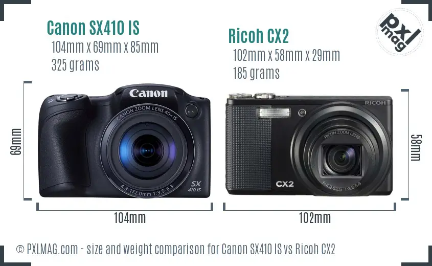 Canon SX410 IS vs Ricoh CX2 size comparison