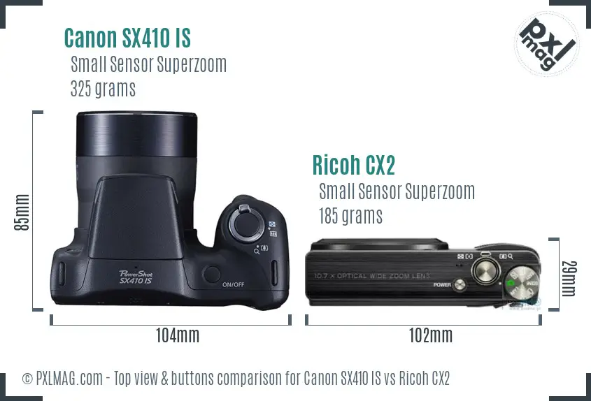 Canon SX410 IS vs Ricoh CX2 top view buttons comparison