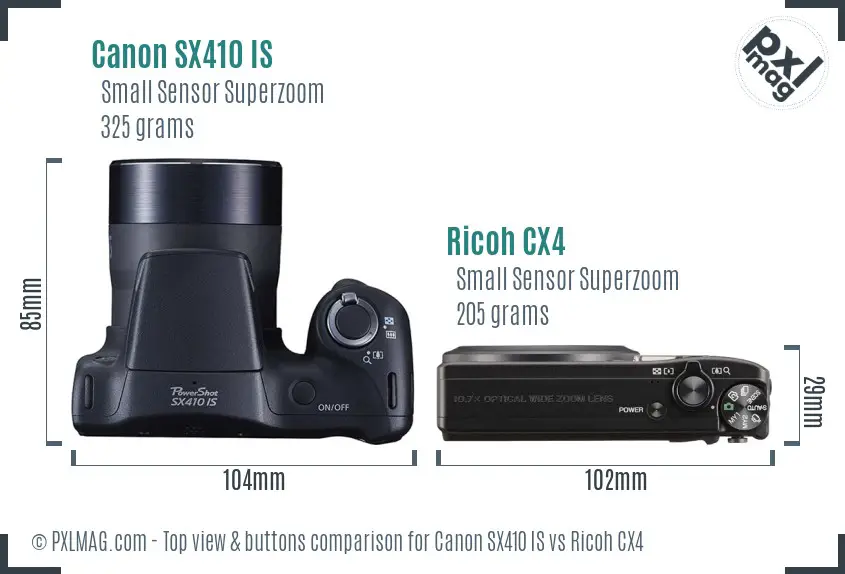 Canon SX410 IS vs Ricoh CX4 top view buttons comparison Canon SX410 IS vs Ricoh CX4 top view buttons comparison