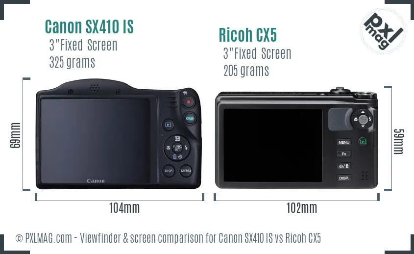 Canon SX410 IS vs Ricoh CX5 Screen and Viewfinder comparison