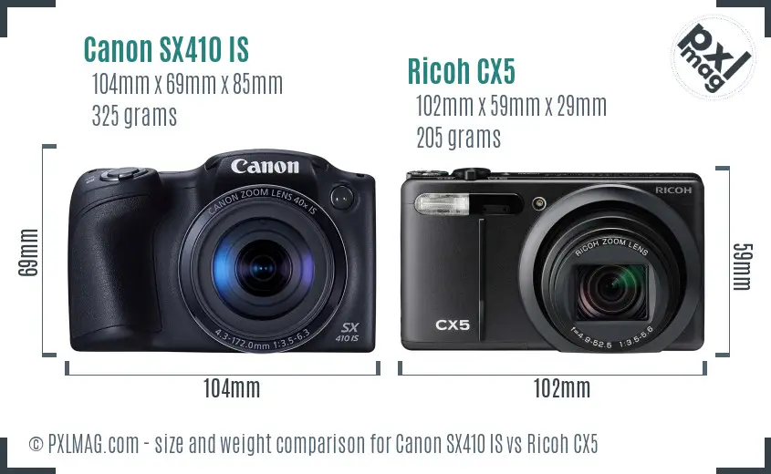 Canon SX410 IS vs Ricoh CX5 size comparison