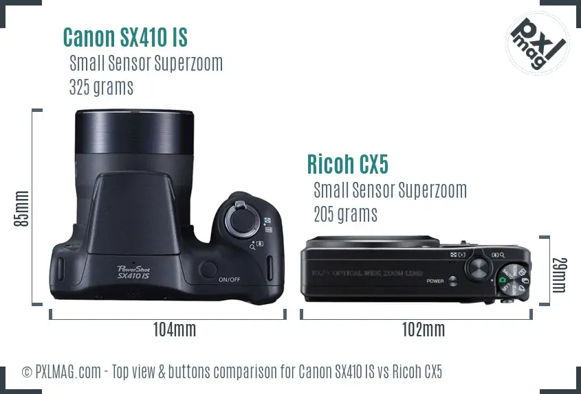 Canon SX410 IS vs Ricoh CX5 top view buttons comparison