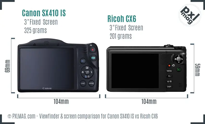 Canon SX410 IS vs Ricoh CX6 Screen and Viewfinder comparison