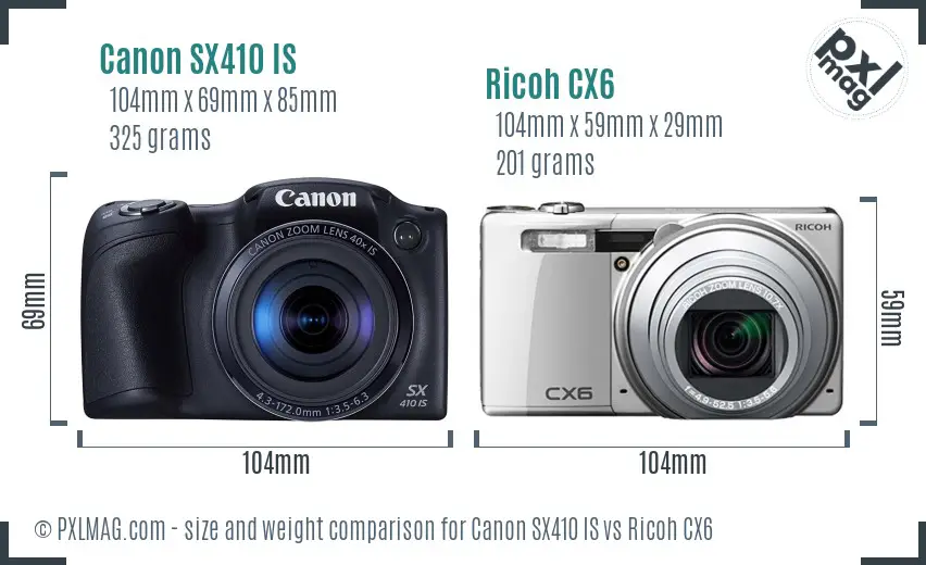 Canon SX410 IS vs Ricoh CX6 size comparison