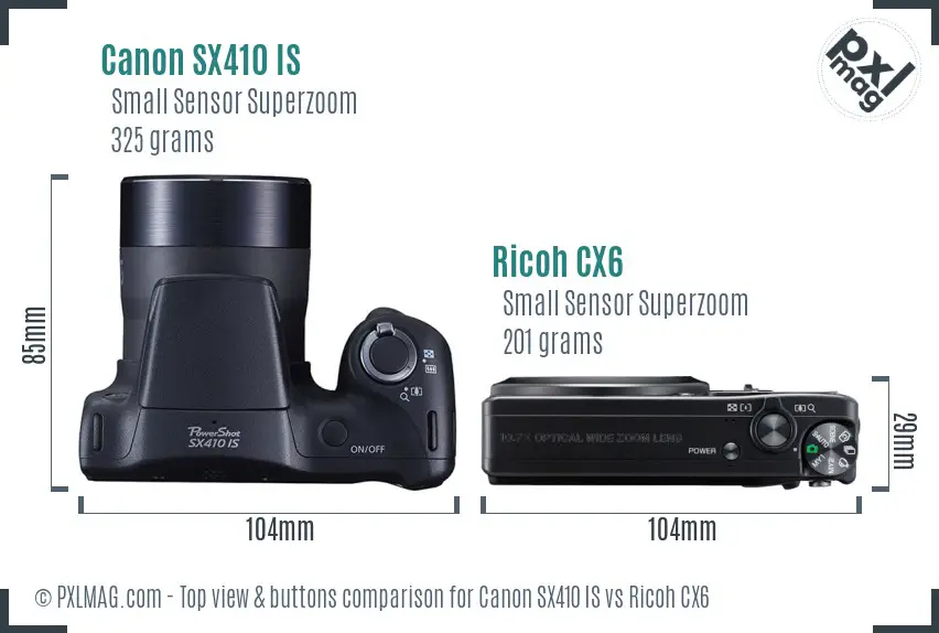 Canon SX410 IS vs Ricoh CX6 top view buttons comparison