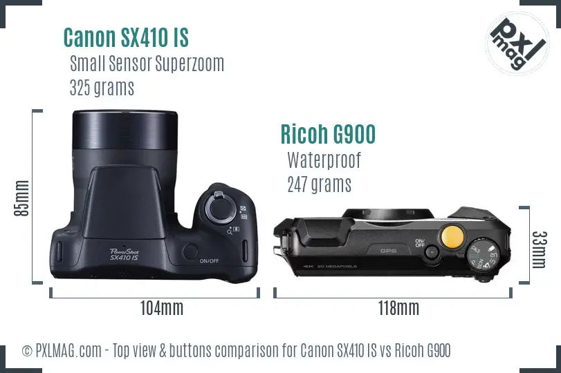 Canon SX410 IS vs Ricoh G900 top view buttons comparison