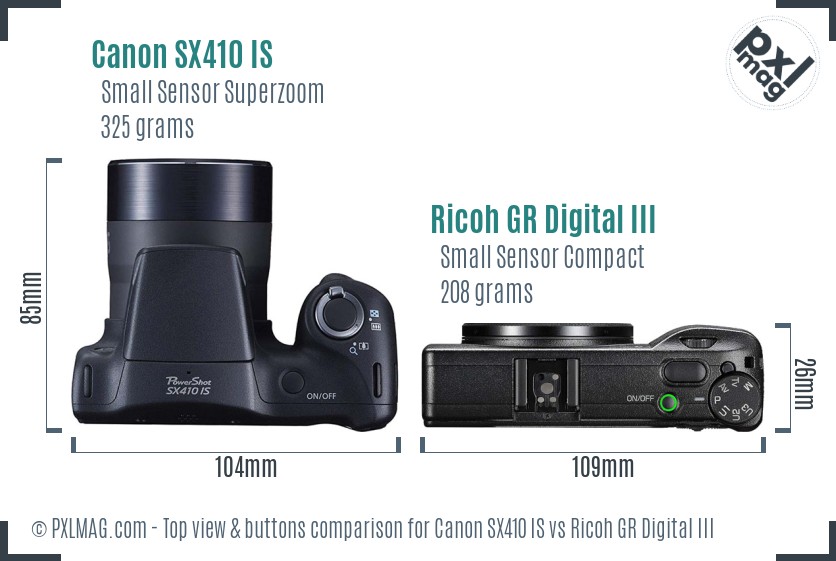 Canon SX410 IS vs Ricoh GR Digital III top view buttons comparison