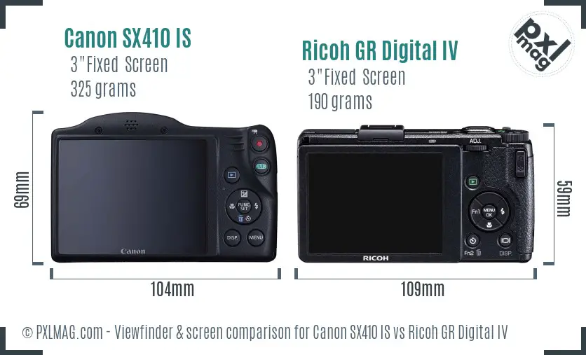 Canon SX410 IS vs Ricoh GR Digital IV Screen and Viewfinder comparison