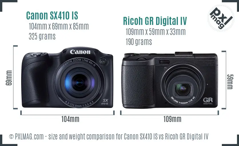 Canon SX410 IS vs Ricoh GR Digital IV size comparison