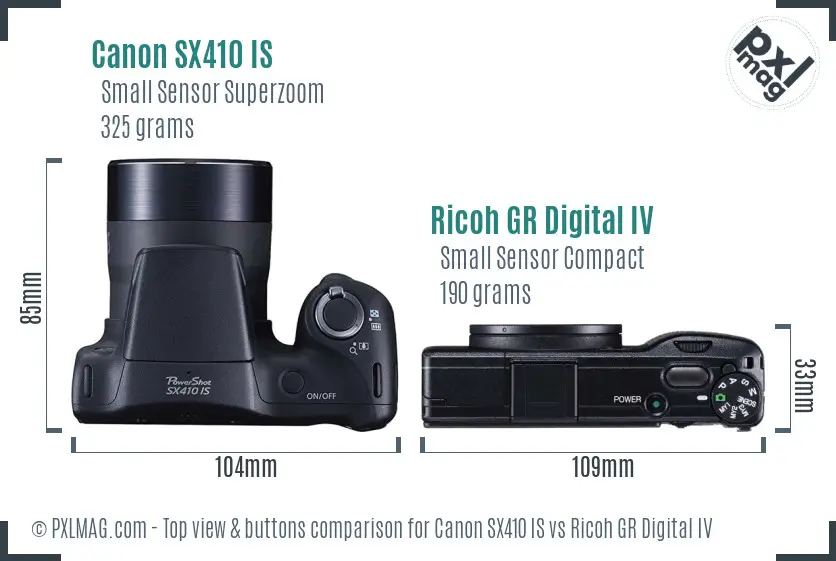 Canon SX410 IS vs Ricoh GR Digital IV top view buttons comparison