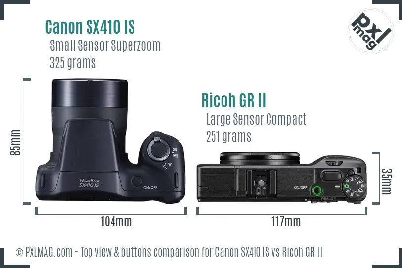 Canon SX410 IS vs Ricoh GR II top view buttons comparison